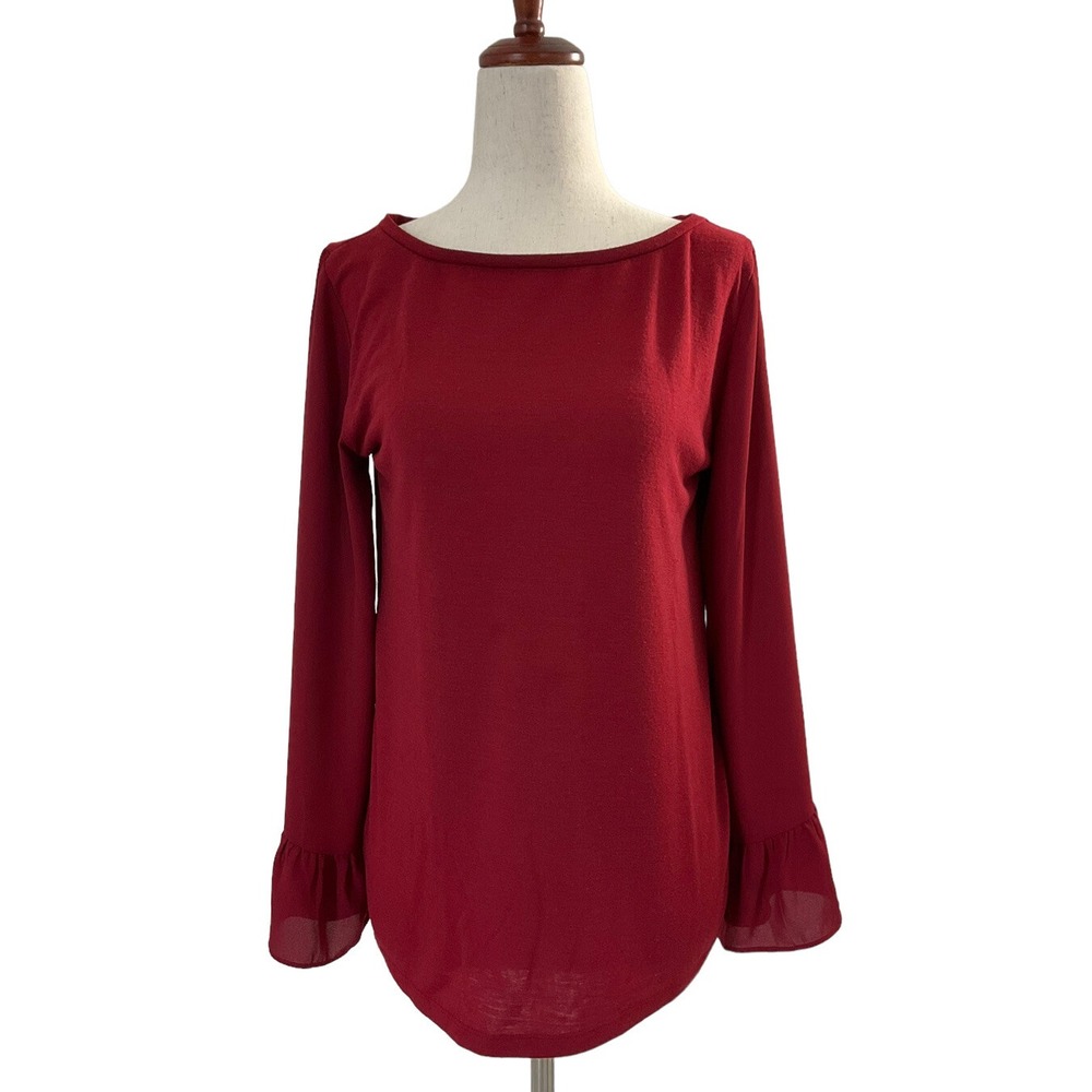 Loft Womens Small Dark Red Mixed Media Ruffle Bell Sleeve Boat Neck Top | 0149